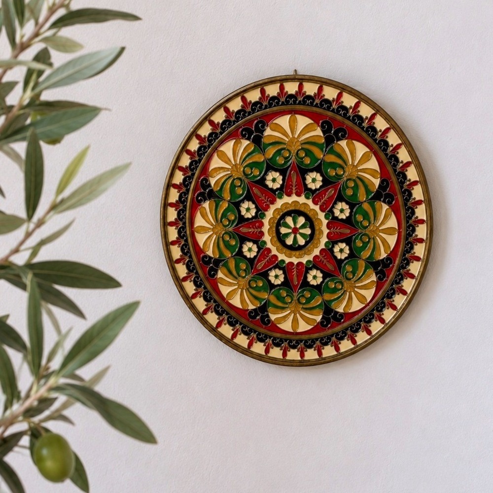 Vintage Greek Enamel Brass Wall Plate 8" Handcrafted Mediterranean Folk Art